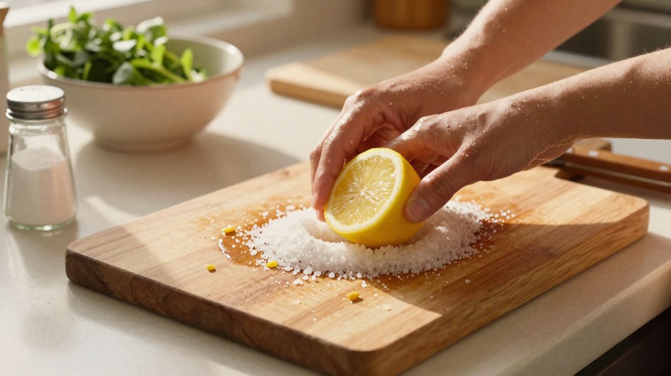 Mãos espremendo meio limão sobre sal grosso em tábua de madeira na cozinha iluminada.