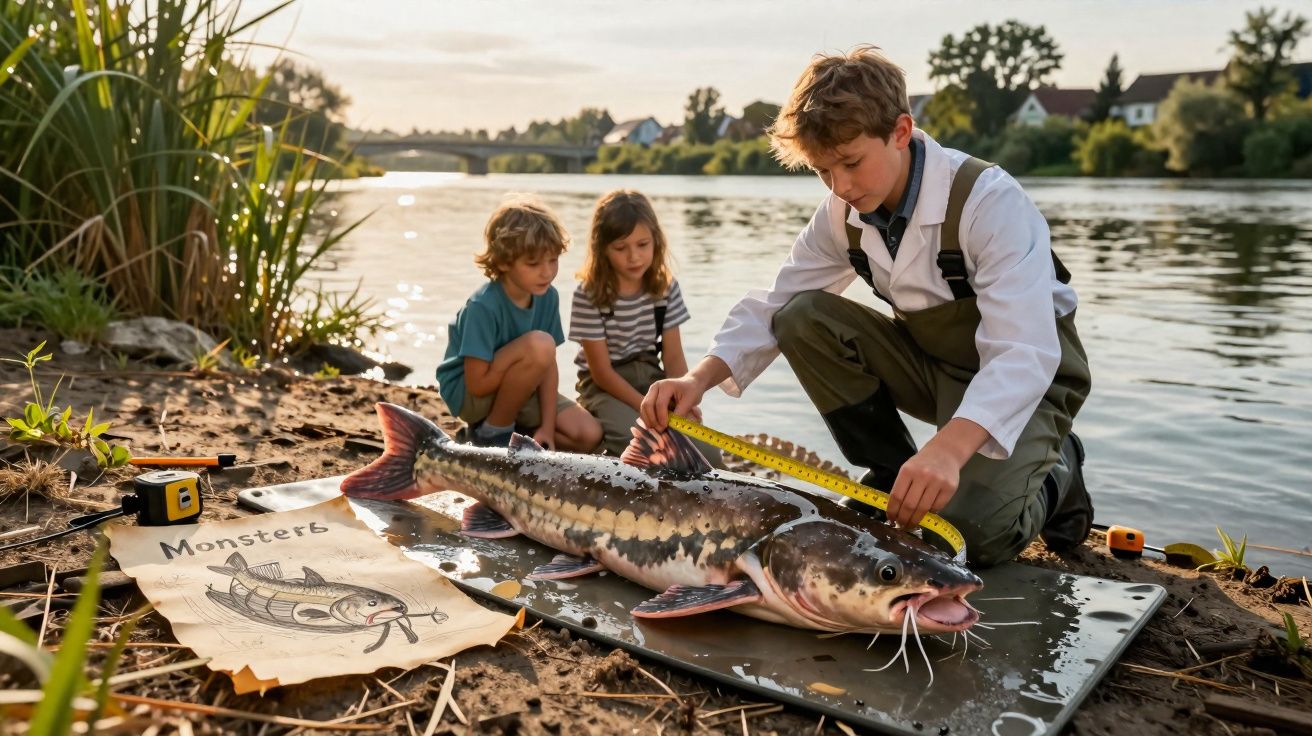 Crianças à beira do rio medindo um grande peixe com fita métrica em dia ensolarado.
