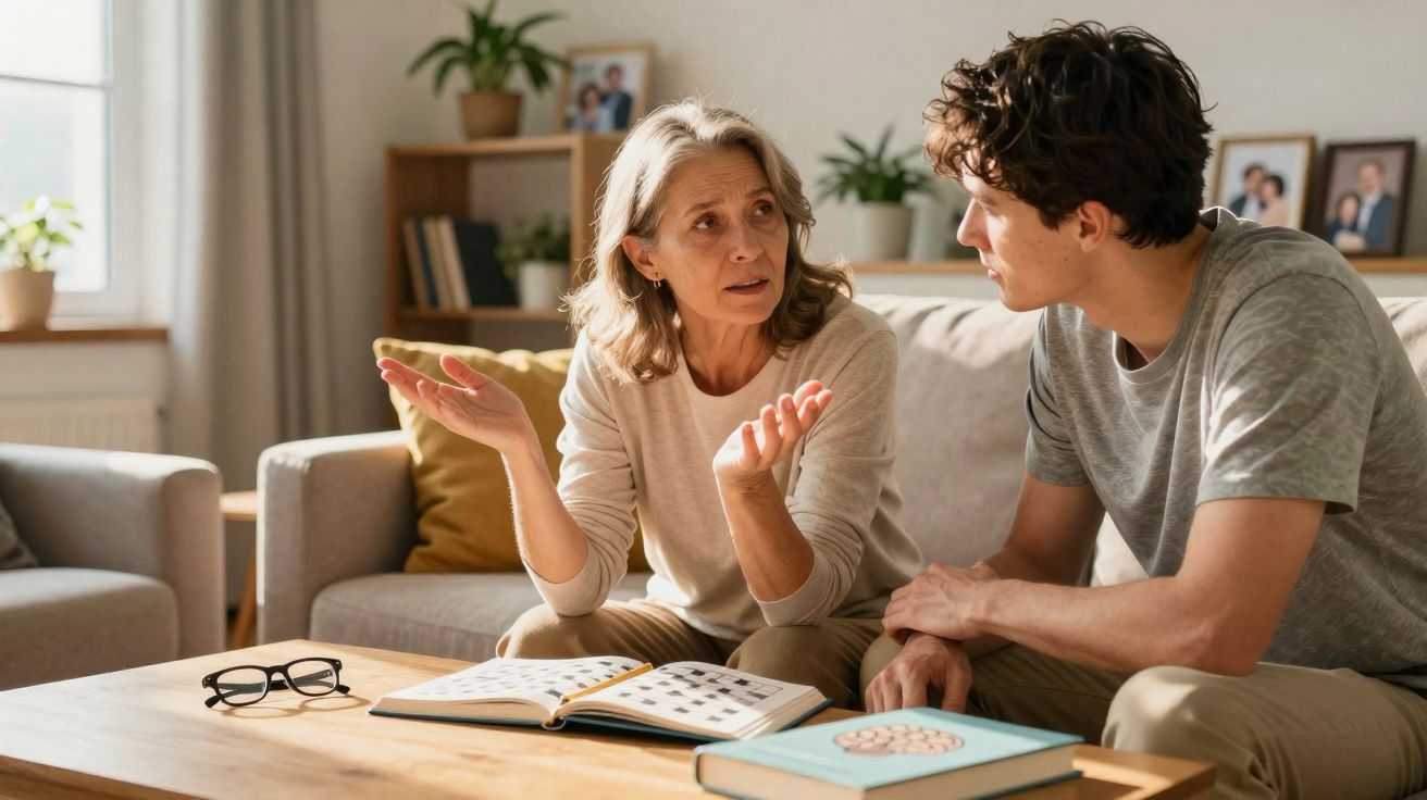 Mulher mais velha conversando com jovem sentados em sofá, com livros abertos sobre mesa de madeira.