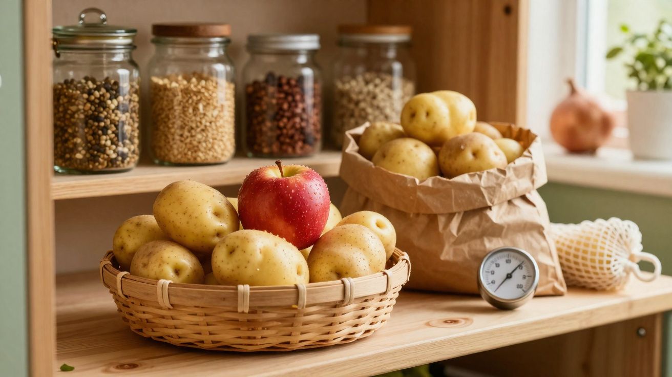 Batatas em cesta e saco de papel com maçã vermelha ao lado de potes com grãos em prateleira de madeira.
