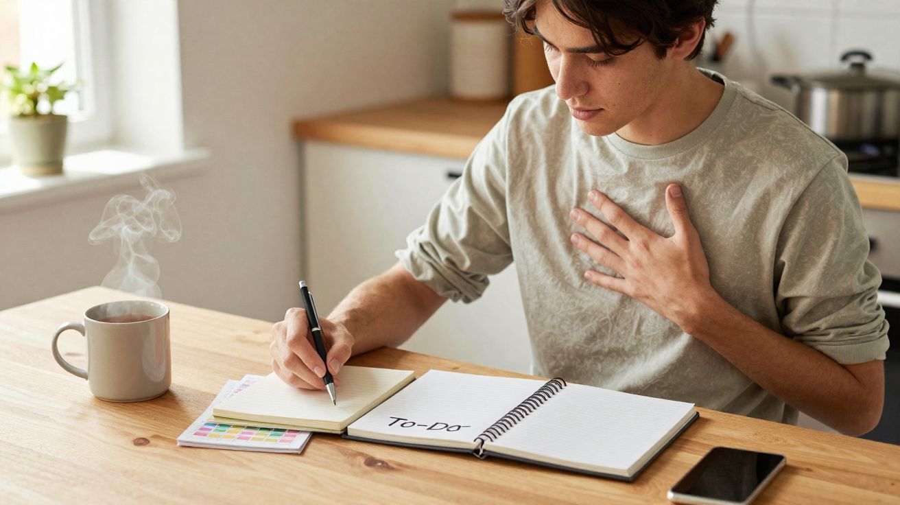 Homem sentado à mesa, escrevendo em bloco de notas ao lado de caderno com a palavra "To-Do".