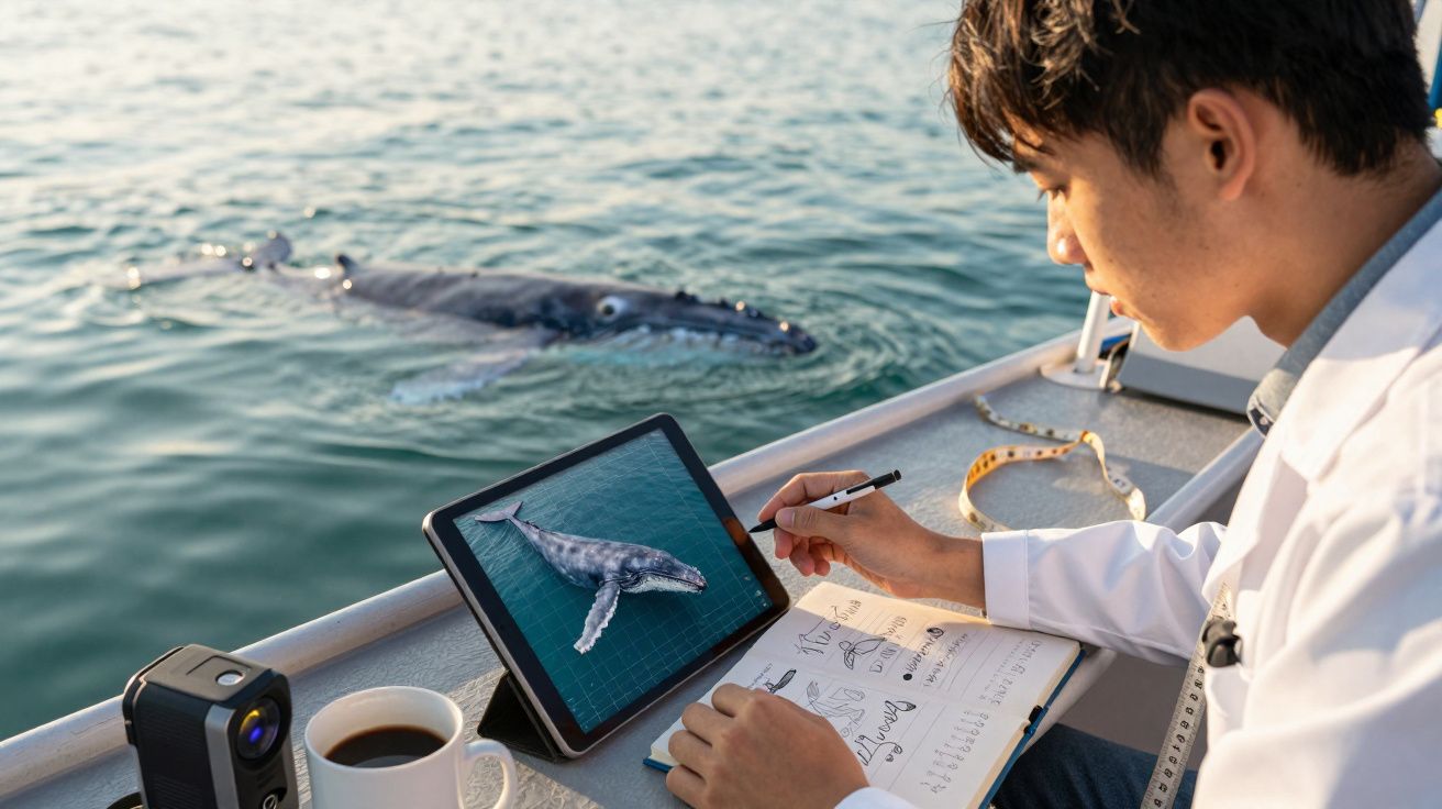 Pesquisador em barco desenhando uma baleia em tablet, com baleia visível no mar ao fundo.
