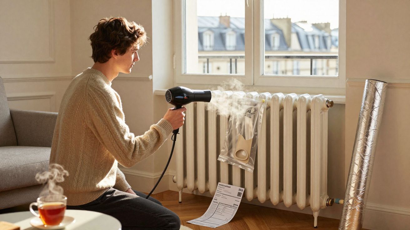 Homem usa secador para secar radiador com bolsa plástica pendurada em sala iluminada pela janela.