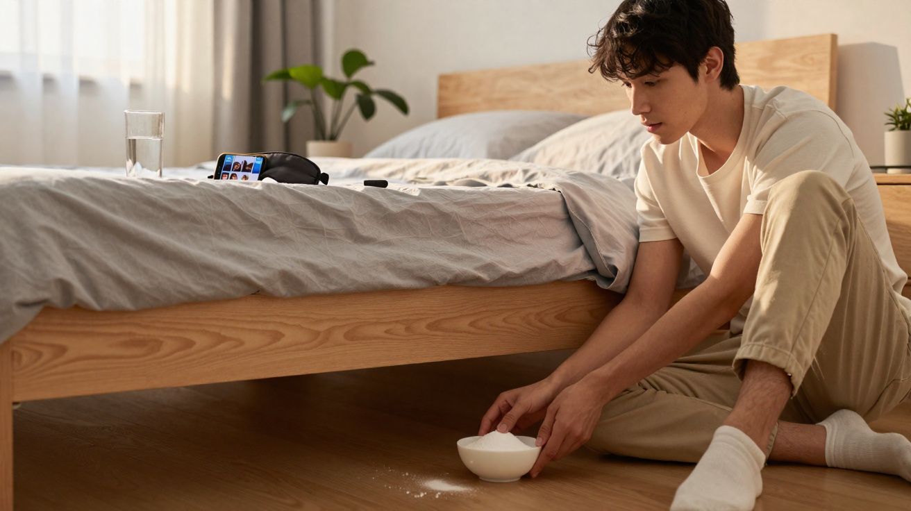 Jovem sentado no chão ao lado da cama segurando tigela branca com líquido derramado no chão.