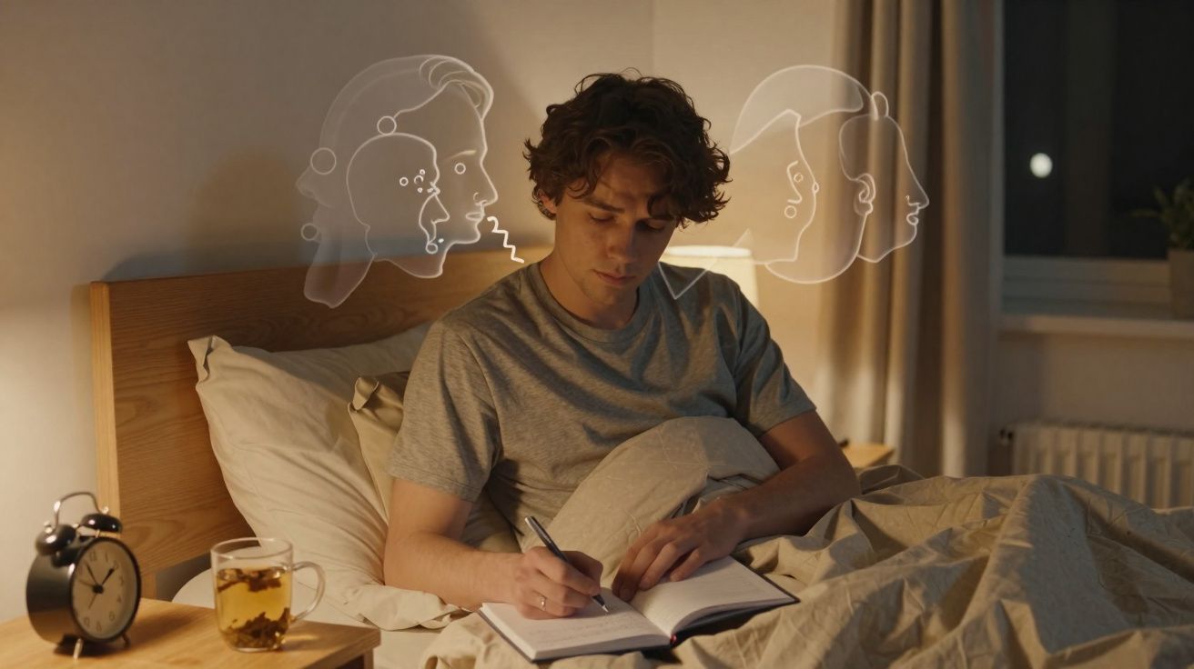 Homem sentado na cama escrevendo em um caderno com rostos desenhados simbolizando vozes em conflito ao redor.