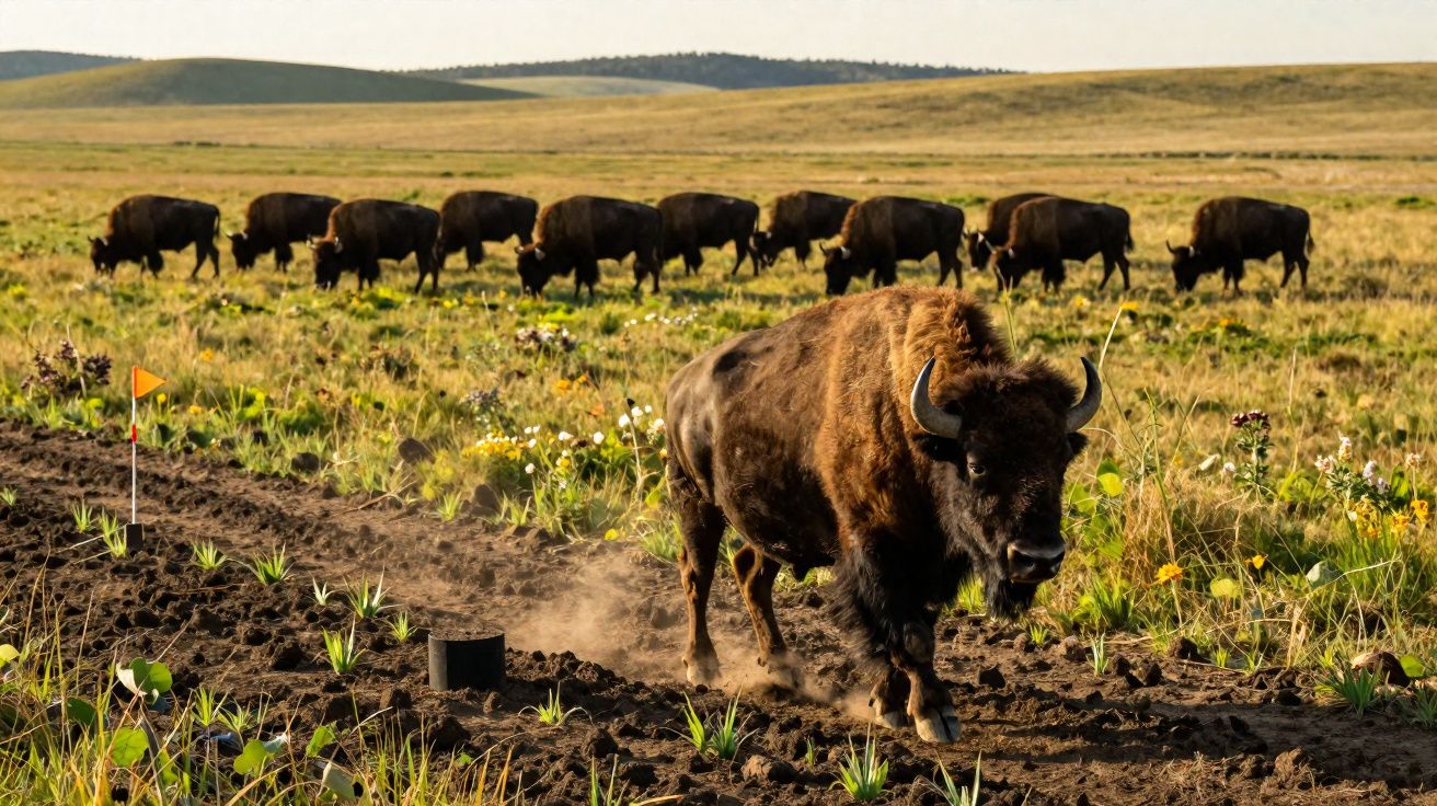 Bisão marrom andando em campo aberto com grupo de bisões ao fundo e vegetação rasteira.