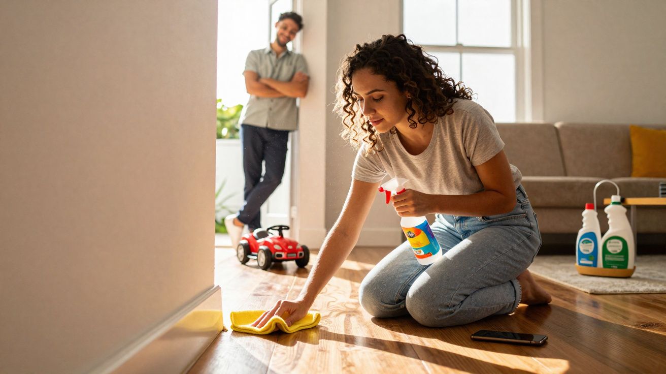 Mulher limpando o chão de madeira com pano e spray, homem observa sorrindo ao fundo em sala iluminada.