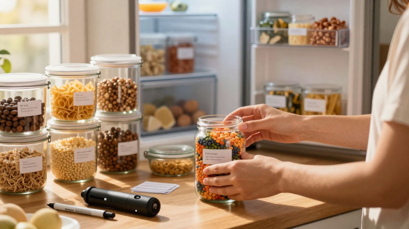 Pessoa organizando potes de vidro com alimentos variados em bancada próxima à geladeira aberta.