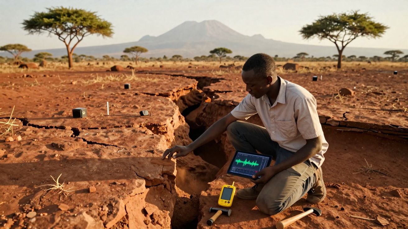 Homem analisa rachadura no solo seco usando tablet e equipamentos de medição em terreno árido com árvores e montanha ao fundo