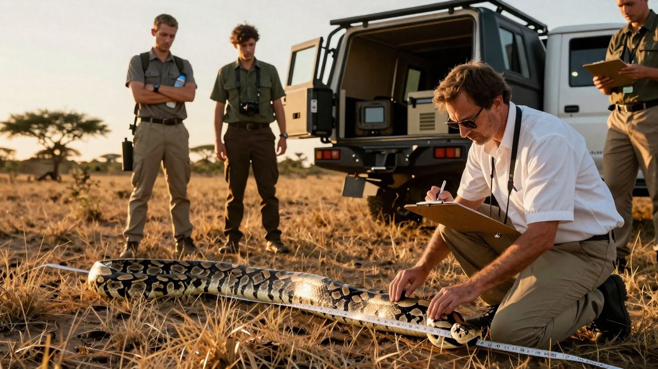 Equipe de cientistas em campo medindo uma grande cobra píton em ambiente seco com veículo ao fundo.