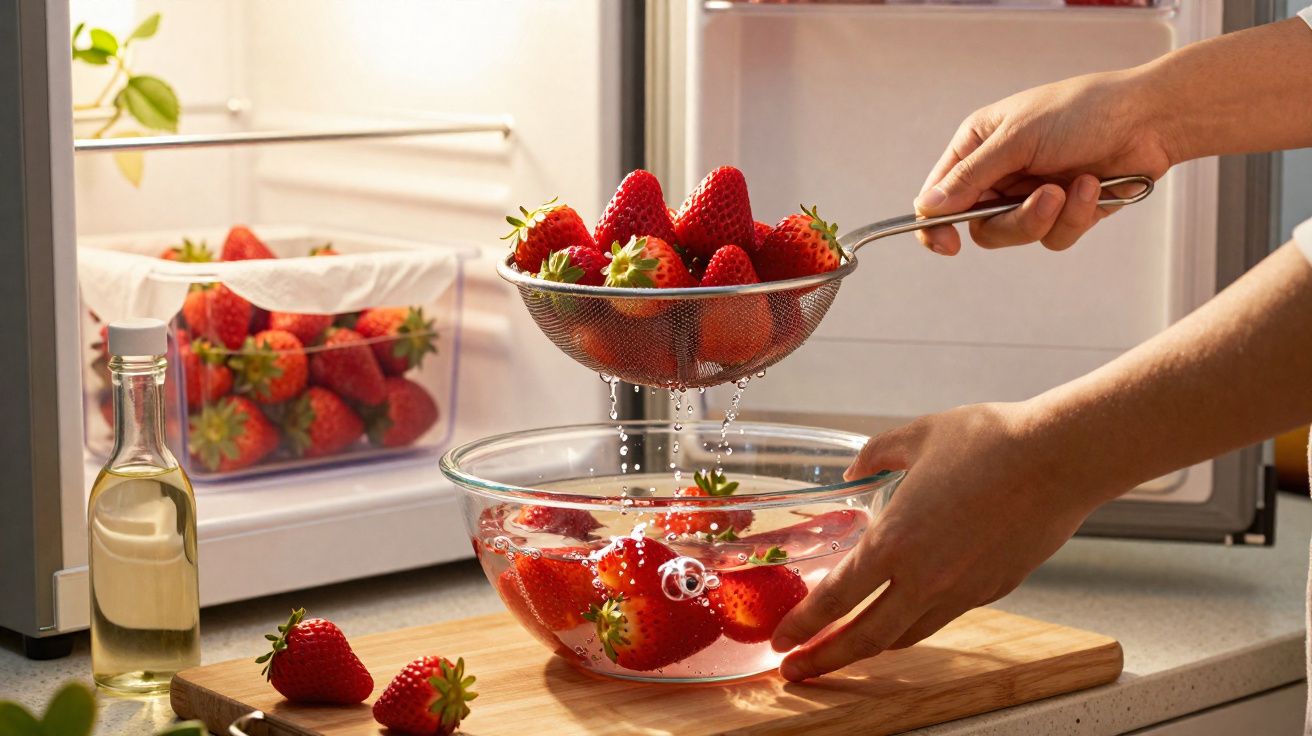 Mãos lavando morangos em peneira sobre tigela de vidro com água, geladeira aberta com morangos ao fundo.