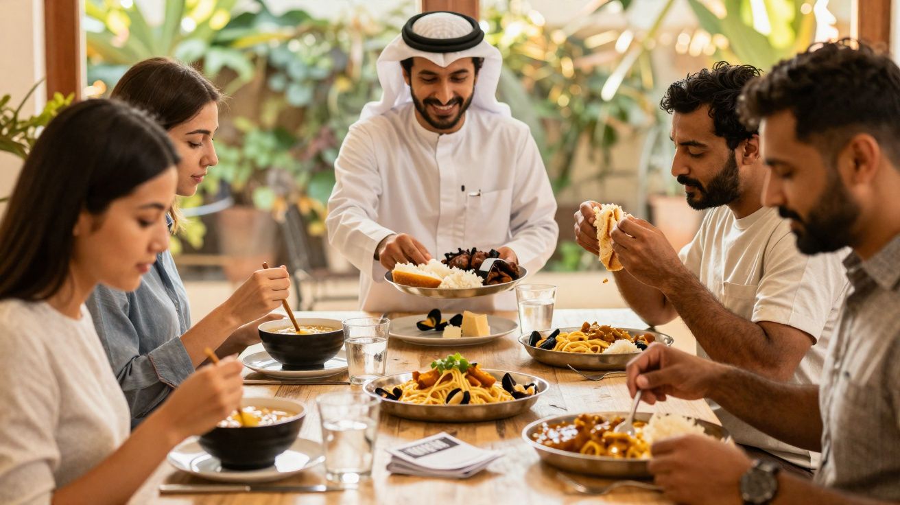 Grupo de cinco pessoas comendo juntas em mesa de madeira em ambiente externo aconchegante.