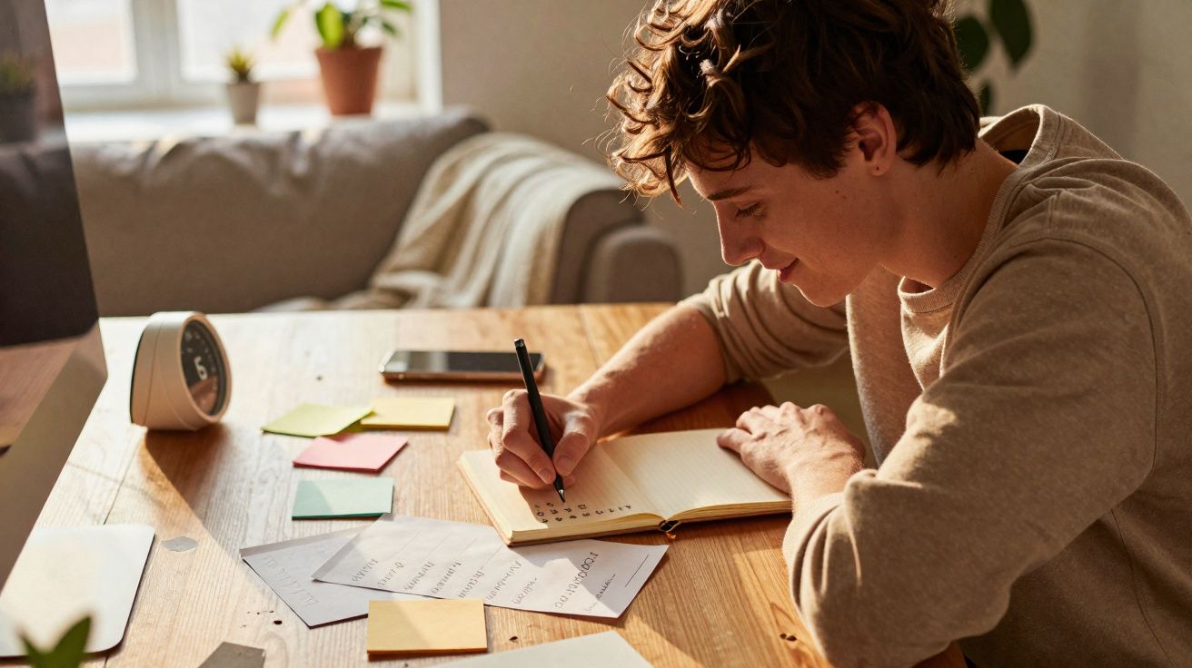 Pessoa jovem escrevendo em caderno enquanto estuda em mesa com post-its e papéis espalhados.