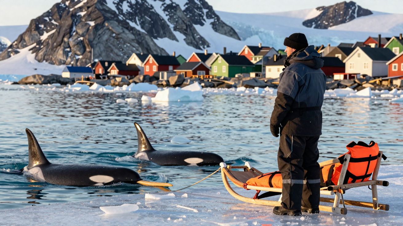Homem em roupa térmica observa duas orcas no mar próximo a vilarejo colorido e geleiras ao fundo.