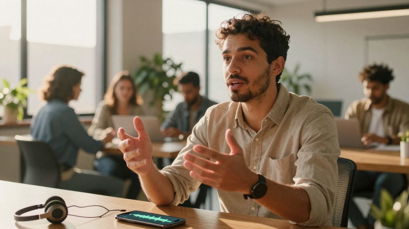 Homem fala gesticulando em reunião com colegas ao fundo em ambiente de escritório moderno.