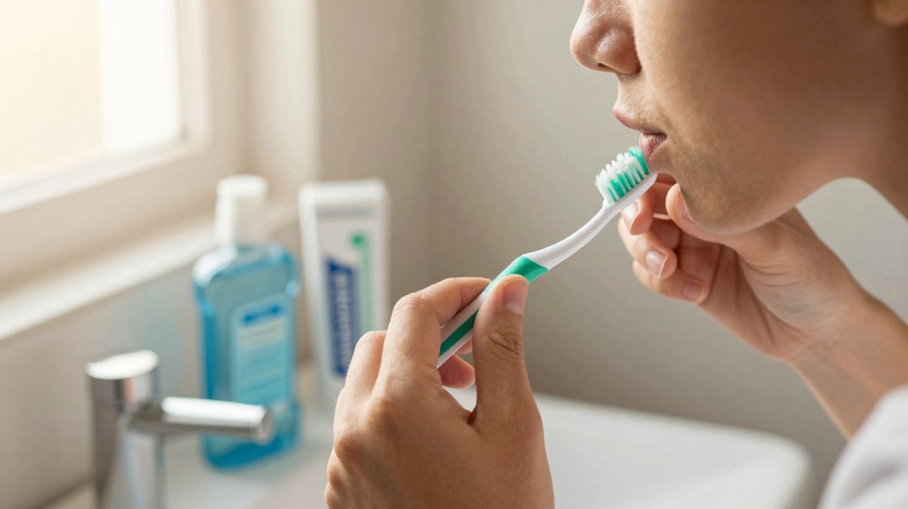 Pessoa segurando escova de dentes perto da boca em banheiro com produtos de higiene ao fundo.