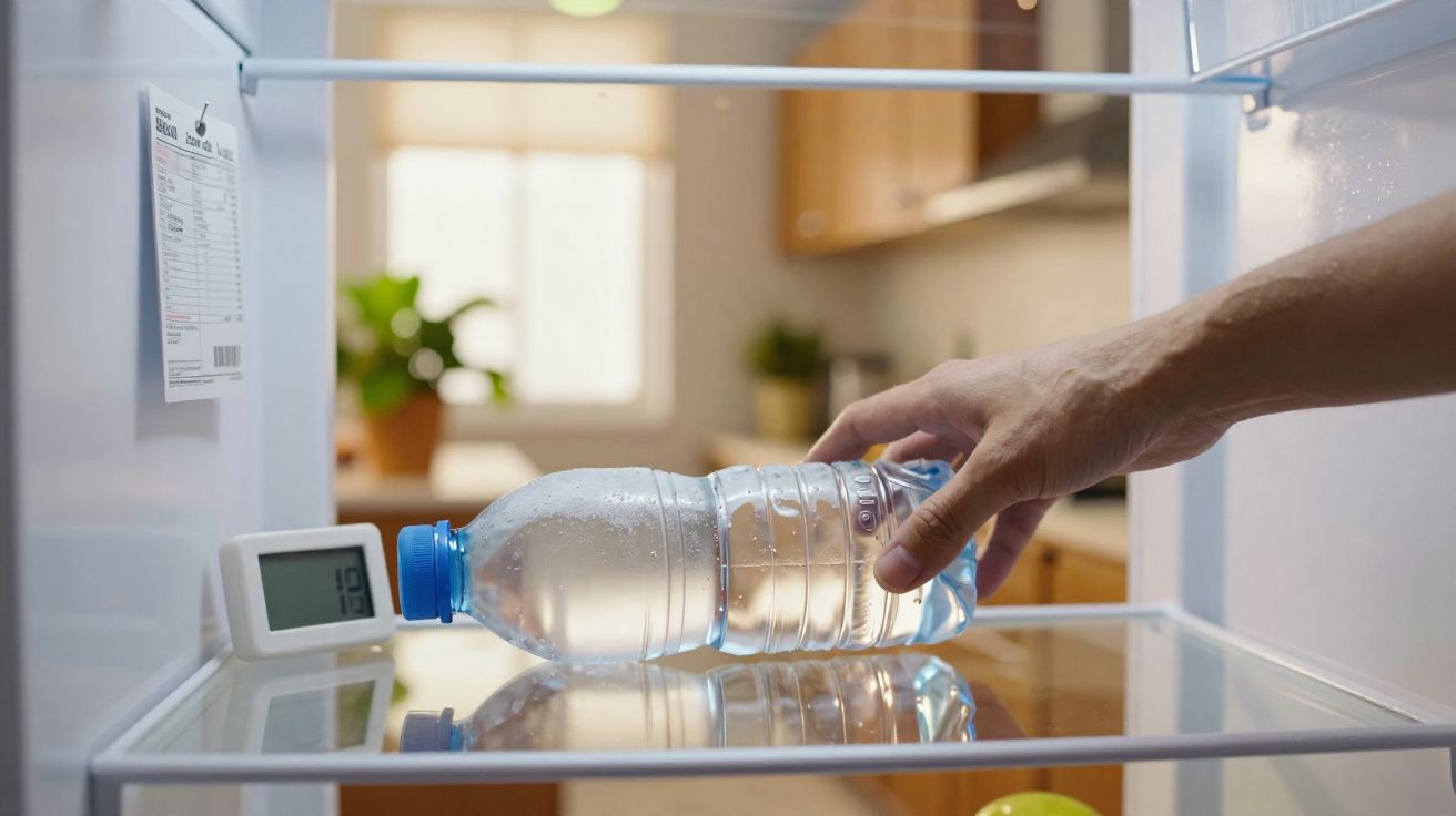 Mão colocando garrafa plástica com água fria dentro da geladeira com termômetro digital na prateleira.