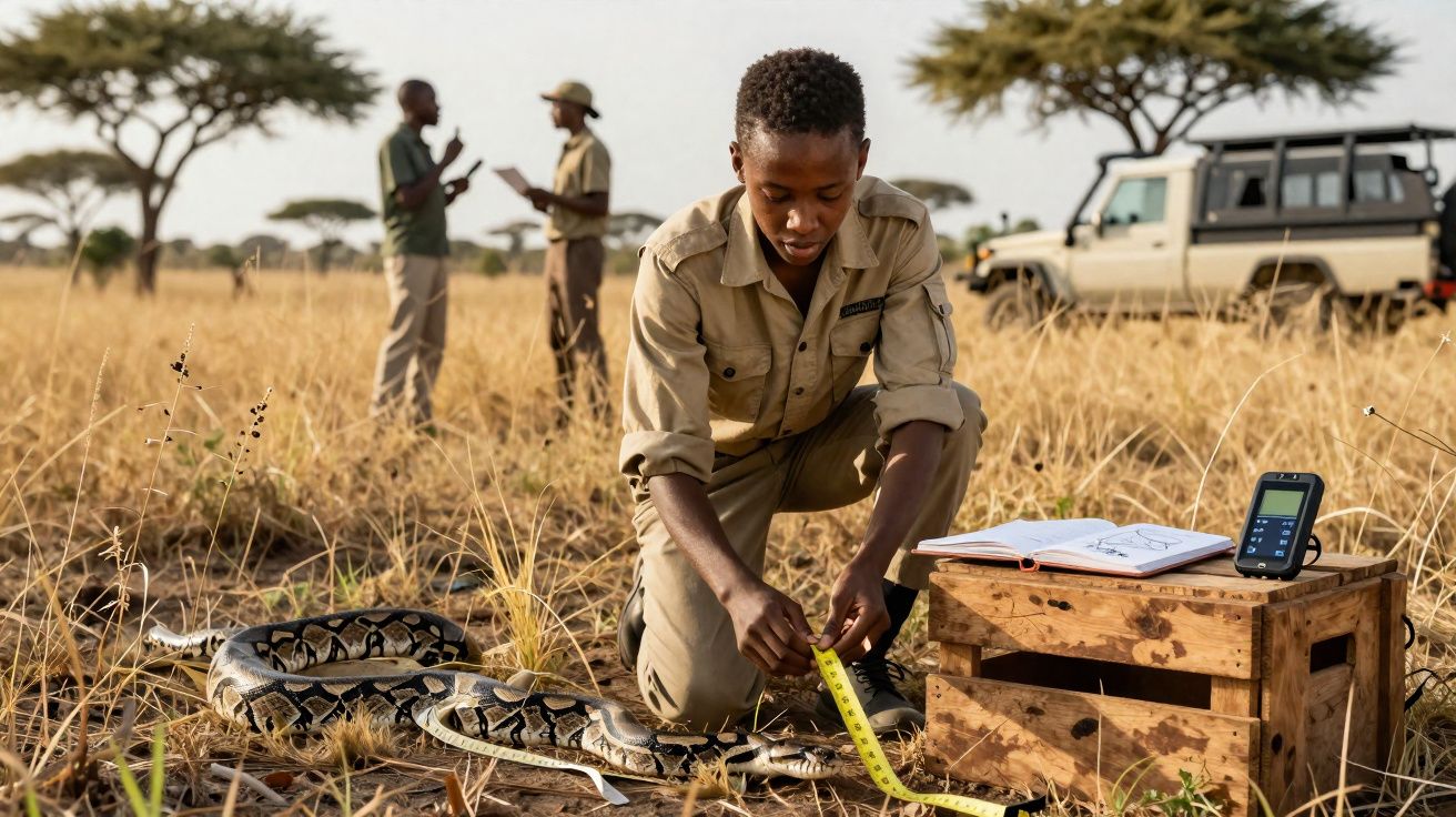 Jovem mede cobra com fita métrica em campo seco, com dois homens conversando e carro ao fundo.