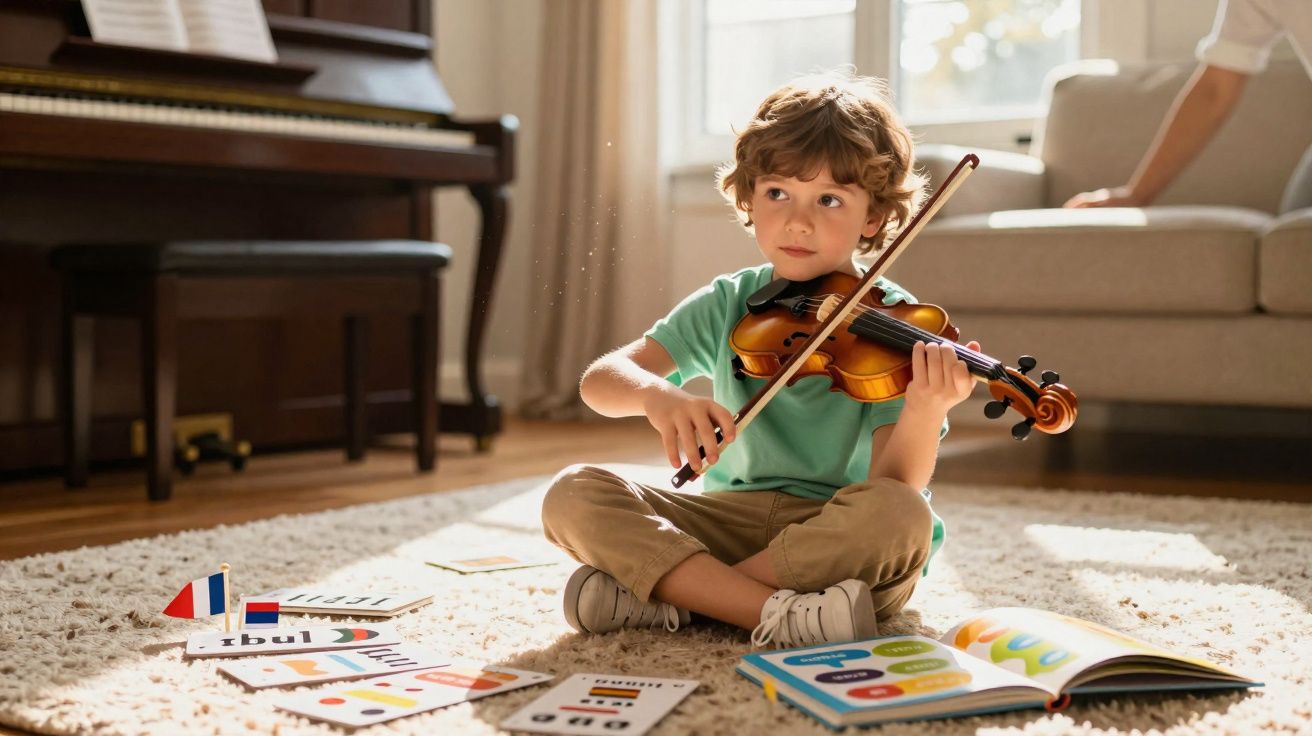 Criança sentada no tapete tocando violino com livros e cartas didáticas ao redor em uma sala iluminada.