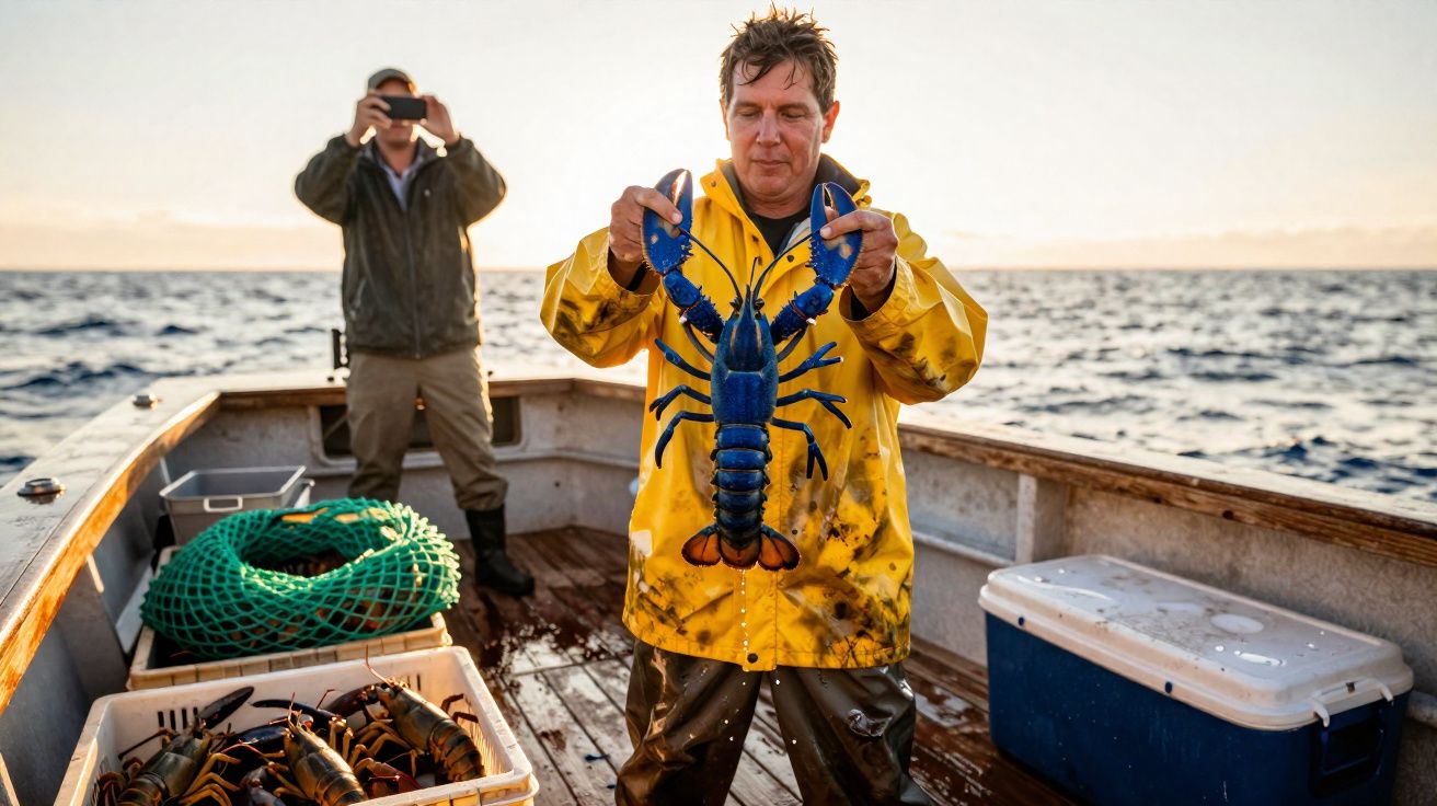 Homem vestindo capa amarela segura lagosta azul em barco de pesca no mar ao pôr do sol.