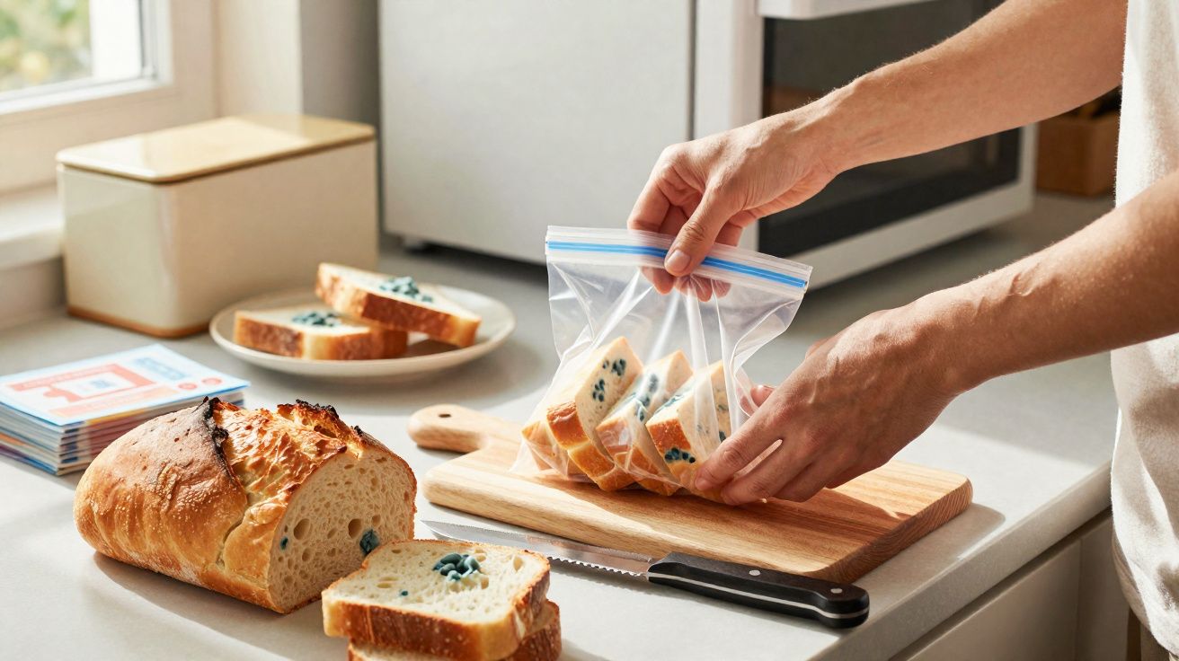 Pessoa armazenando fatias de pão com blueberries em saco plástico em cozinha iluminada.
