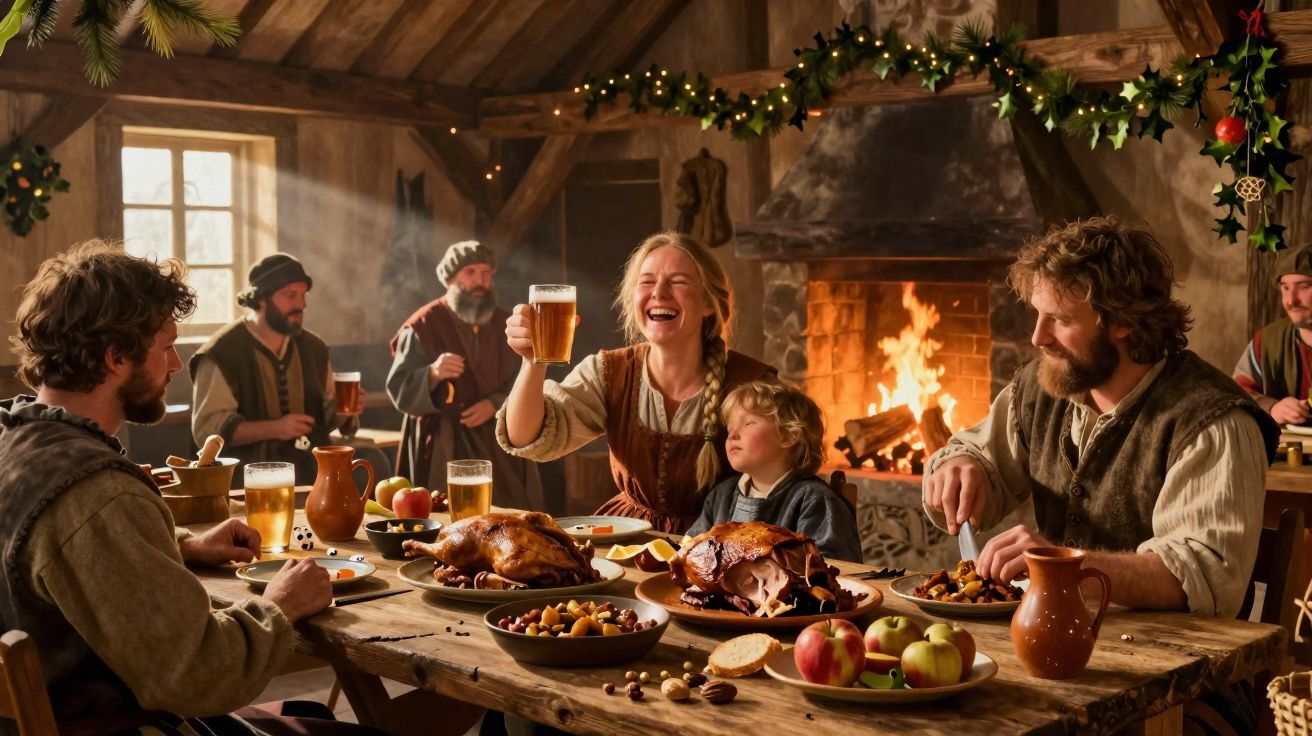 Família medieval feliz celebrando com comida, bebida e lareira em uma taverna decorada para festa.