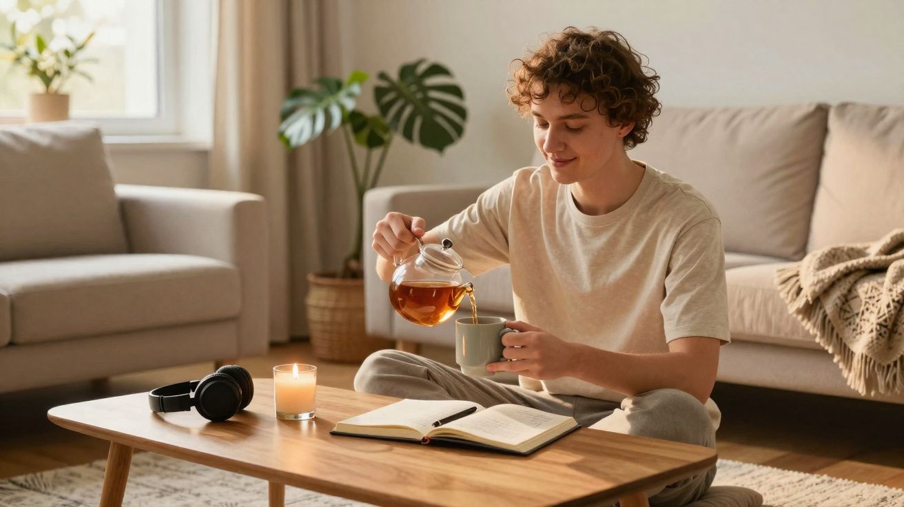 Jovem sentado no chão da sala, servindo chá em xícara, com livro aberto na mesa de madeira.