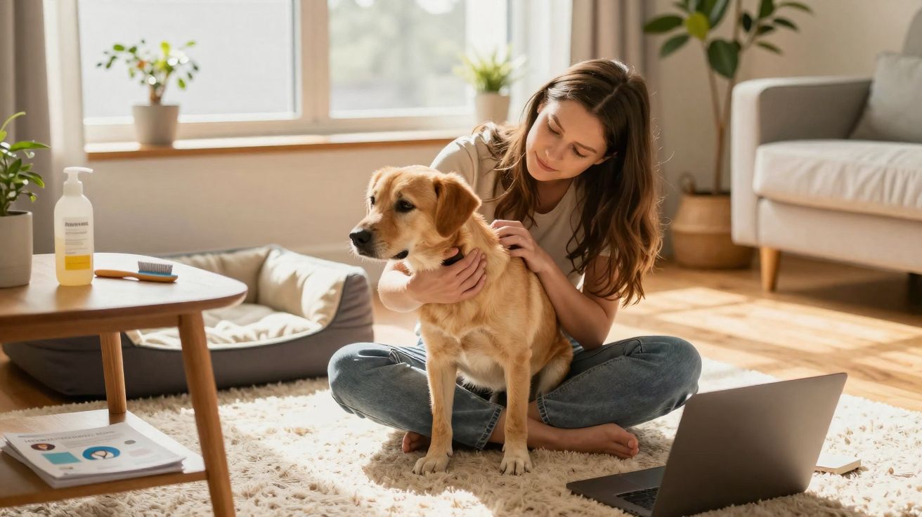 Mulher sentada no chão acariciando cachorro em sala iluminada com laptop aberto ao lado.