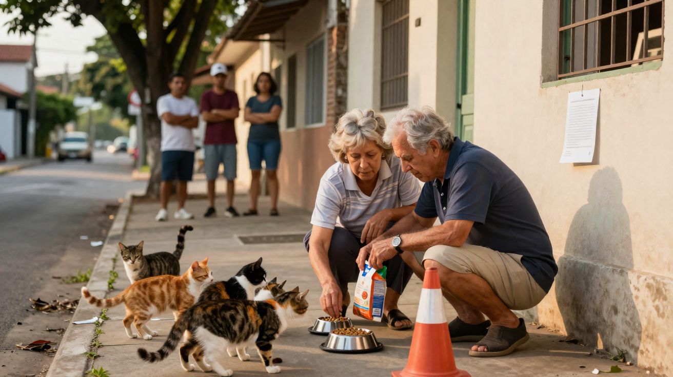 Casal idoso alimentando vários gatos na calçada enquanto três pessoas observam ao fundo.