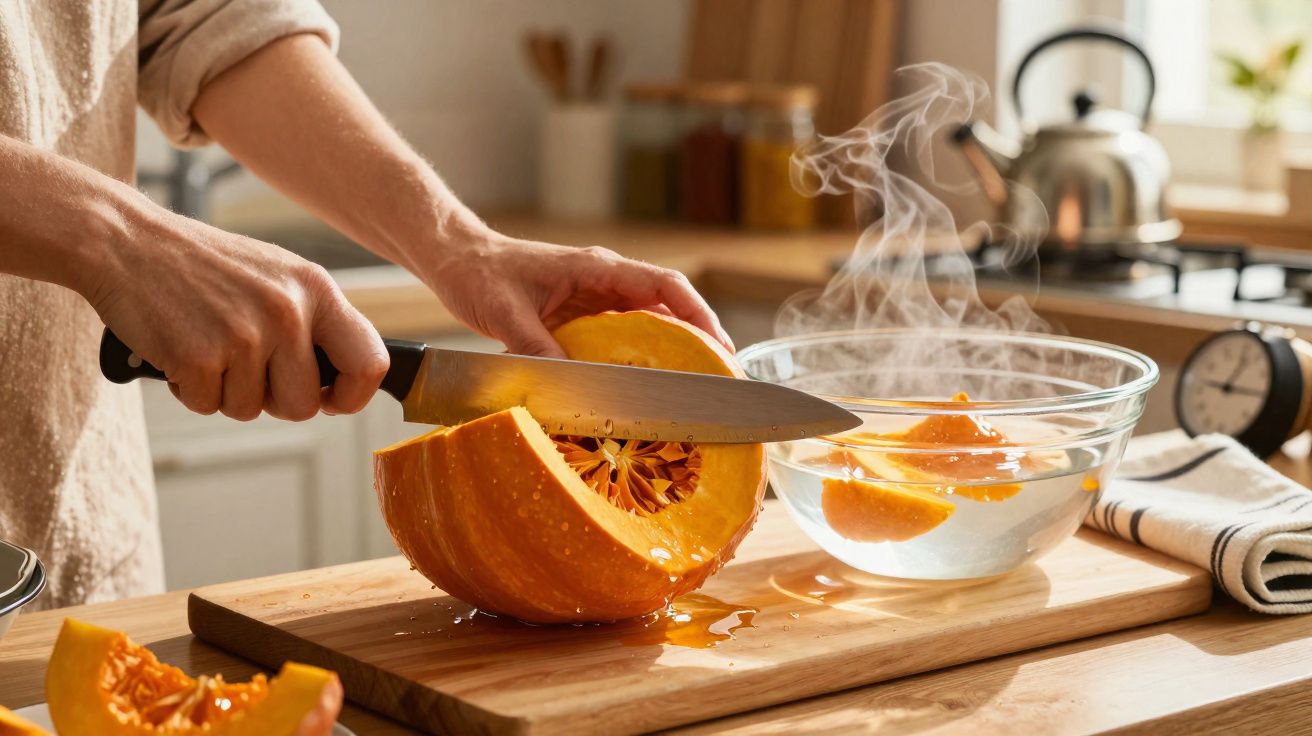 Pessoa cortando abóbora em pedaços sobre tábua de madeira em cozinha iluminada e ensolarada.