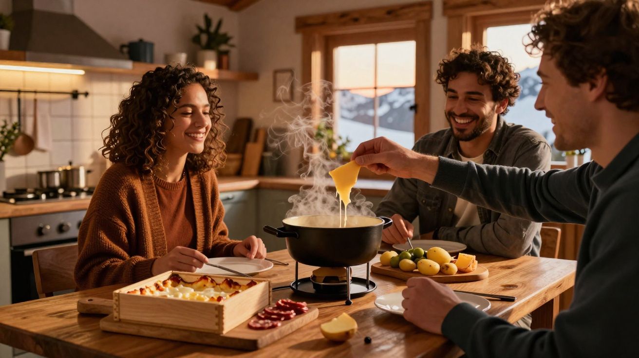 Três amigos sorrindo cozinham fondue juntos em uma cozinha acolhedora e iluminada.