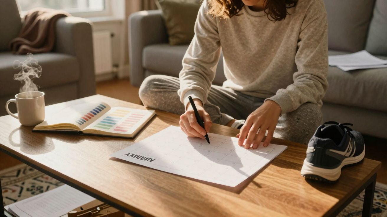 Pessoa sentada no chão planejando um calendário sobre mesa com tênis, café e caderno ao lado.