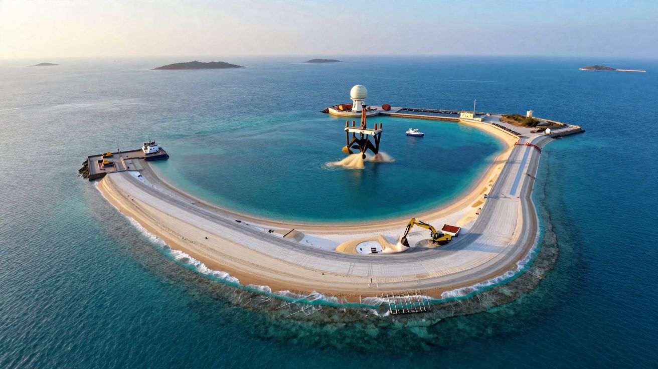 Pequena ilha artificial com estrutura metálica central e máquina escavadora cercada por mar azul calmo.