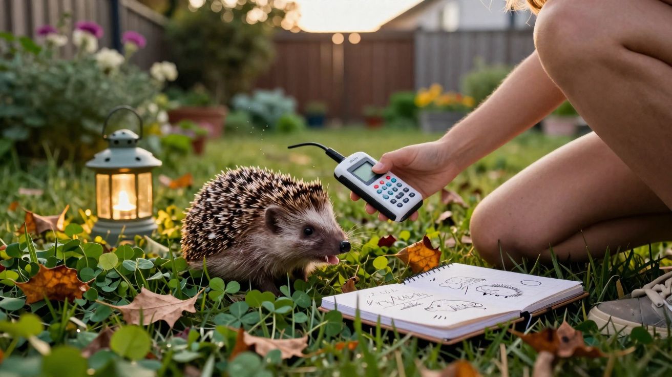 Porco-espinho no gramado interagindo com pessoa segurando equipamento e caderno de anotações.