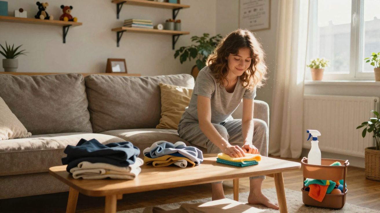 Mulher sorridente organizando roupas dobradas sobre mesa de centro em sala iluminada.