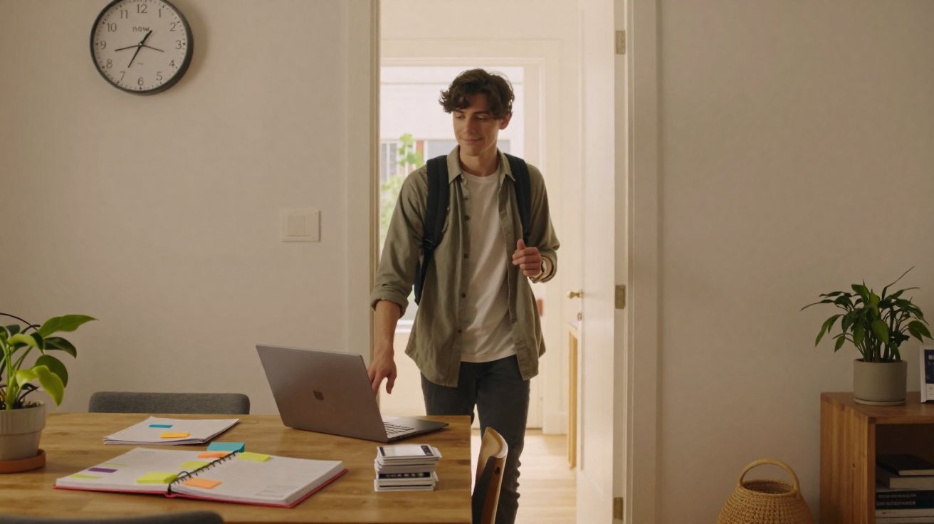 Jovem com mochila entrando em sala com mesa, laptop aberto, cadernos e plantas, relógio na parede marca 8h15.