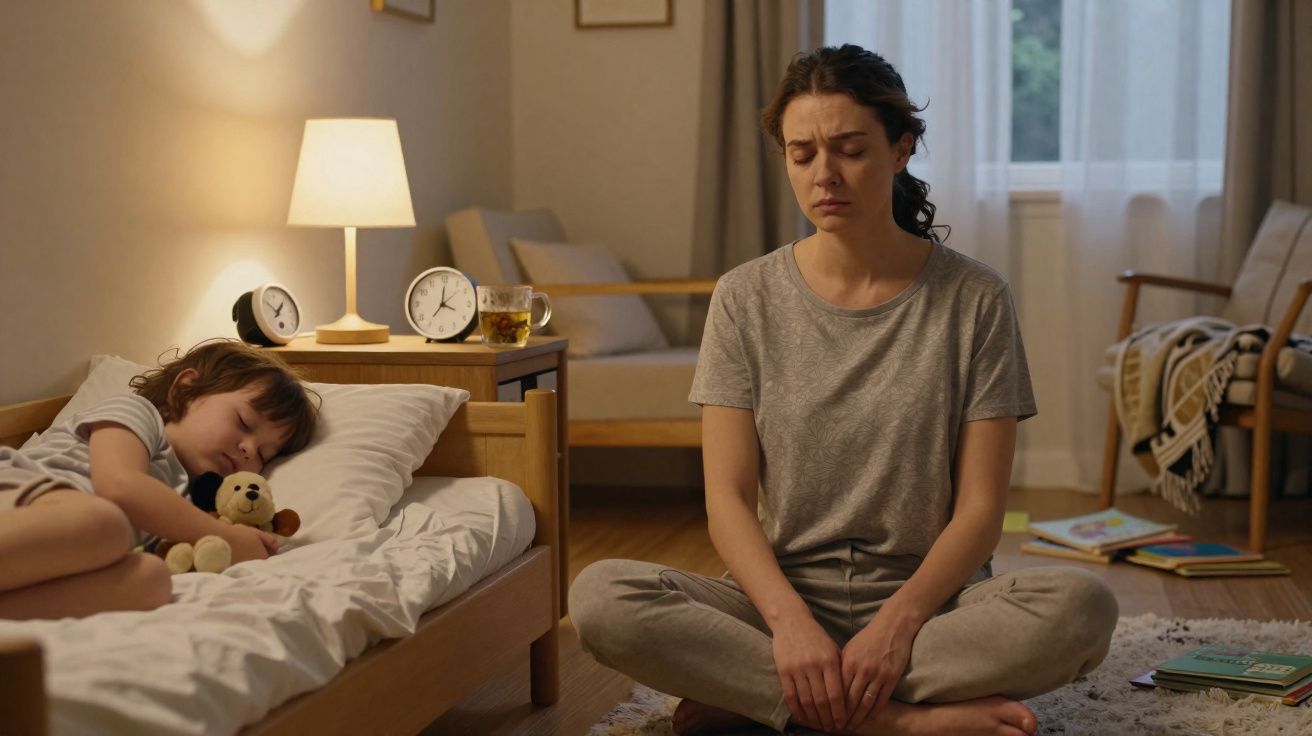Mulher sentada no chão com expressão triste enquanto criança dorme segurando um ursinho em cama.