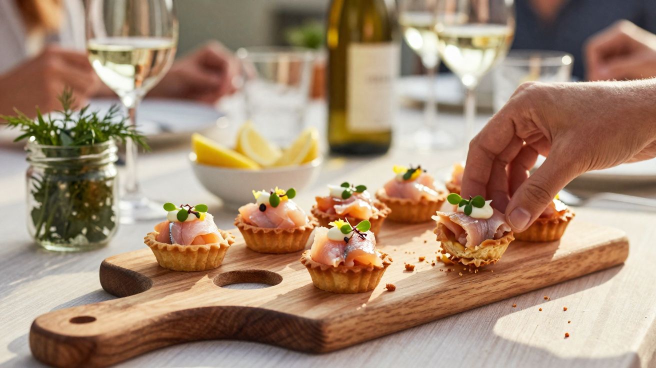 Petiscos de salmão em cesta crocante servidos em tábua de madeira com taças de vinho ao fundo.