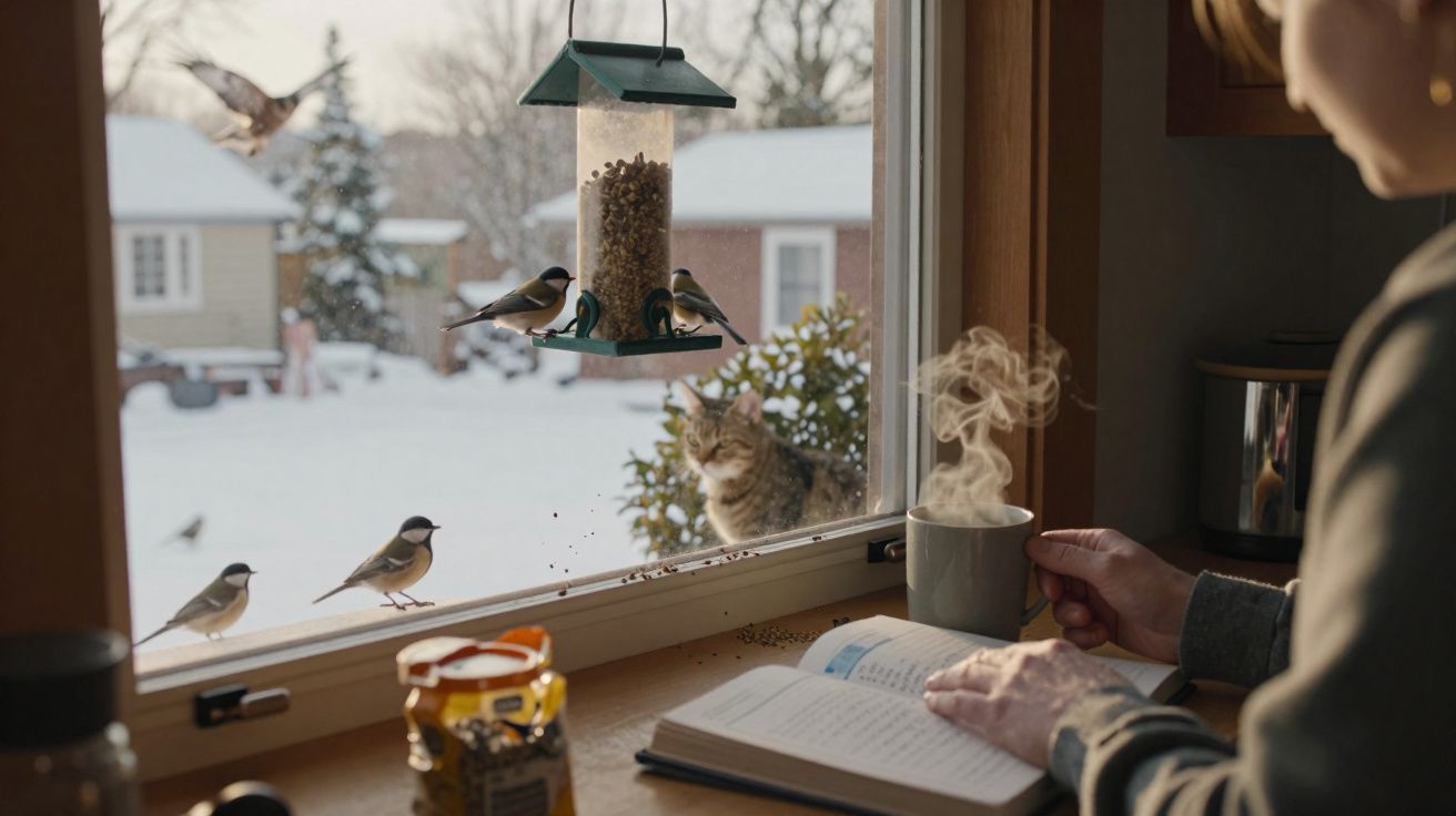 Pessoa lendo livro e segurando xícara quente próxima à janela com pássaros e gato do lado de fora na neve.