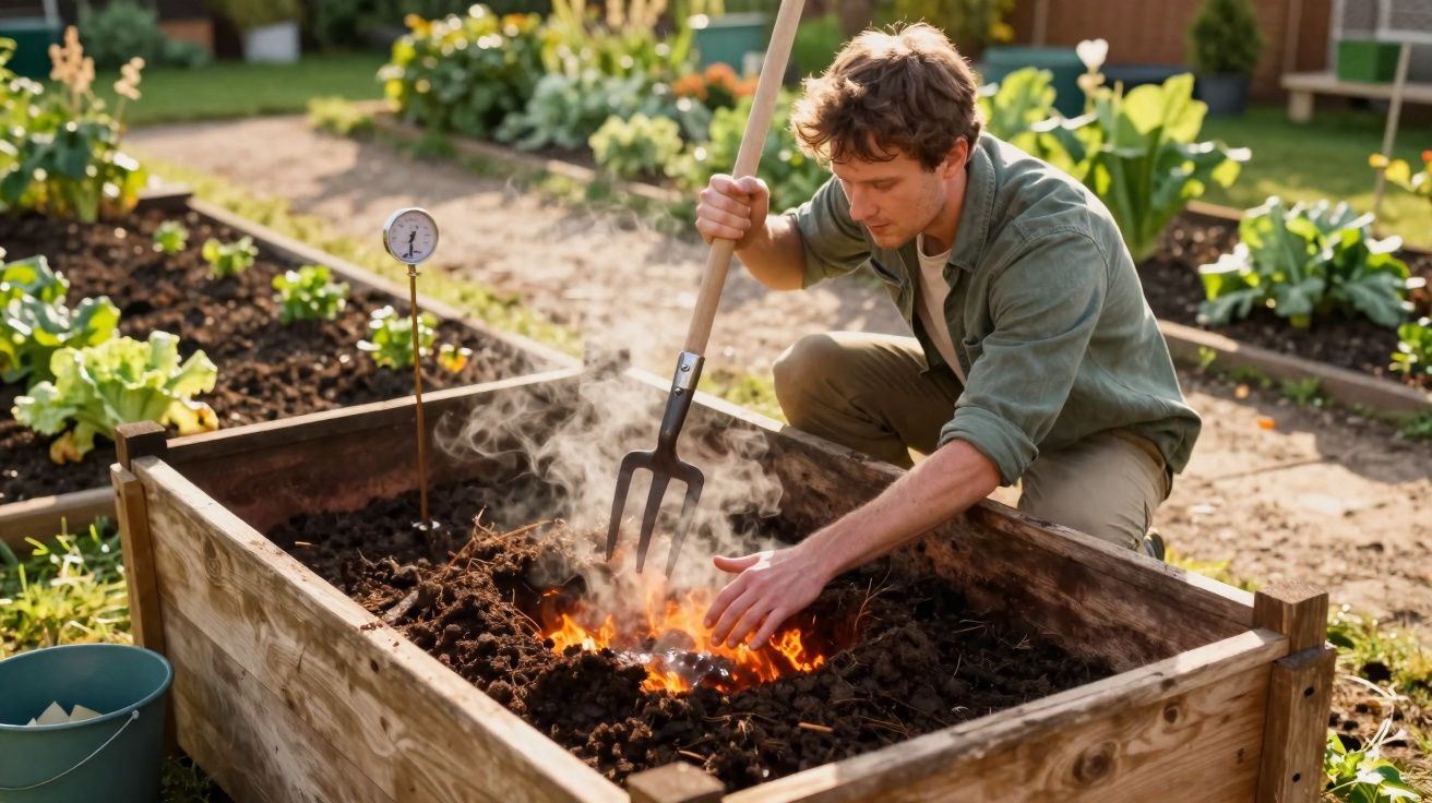 Homem mistura compostagem em canteiro elevado com termômetro de solo em jardim ensolarado.