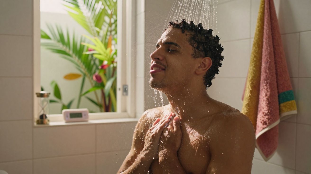 Homem tomando banho de chuveiro, com expressão relaxada, em banheiro iluminado por luz natural.