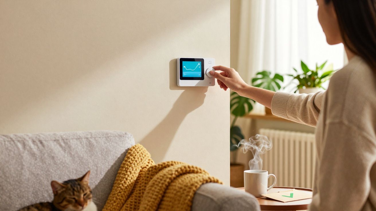 Pessoa ajustando termostato digital em ambiente confortável com gato no sofá e xícara de café na mesa.