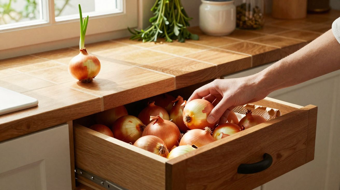 Mão pegando cebola em gaveta de madeira cheia de cebolas em cozinha iluminada por janela.