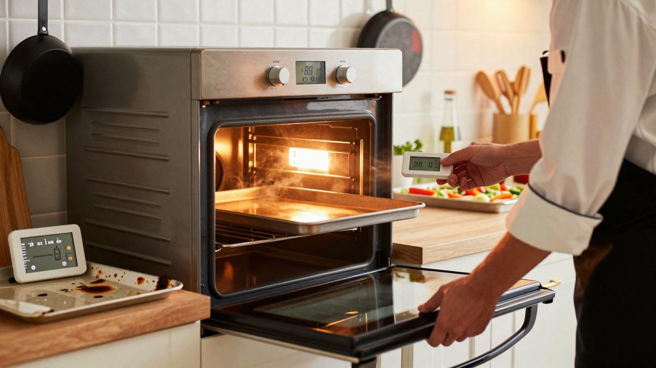 Pessoa colocando bandeja em forno elétrico aceso em cozinha com utensílios ao fundo