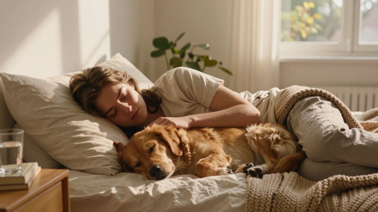 Mulher dormindo na cama abraçada a um cachorro dourado, em ambiente iluminado e acolhedor.