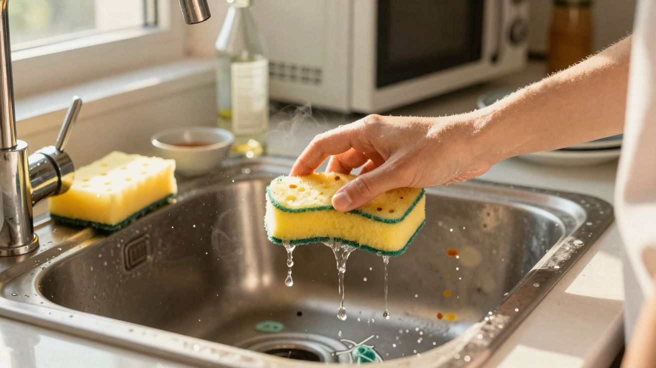 Pessoa segurando uma esponja molhada sobre a pia da cozinha com água escorrendo.