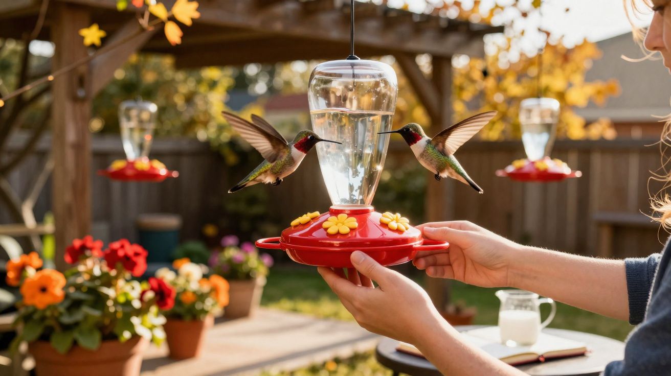 Pessoas alimentando beija-flores em comedouro vermelho em jardim com flores coloridas.