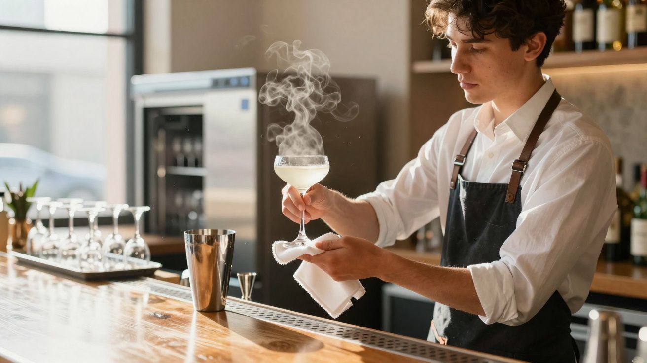 Bartender com avental segura taça fumegante e limpa borda de copo em barra de bar iluminada.