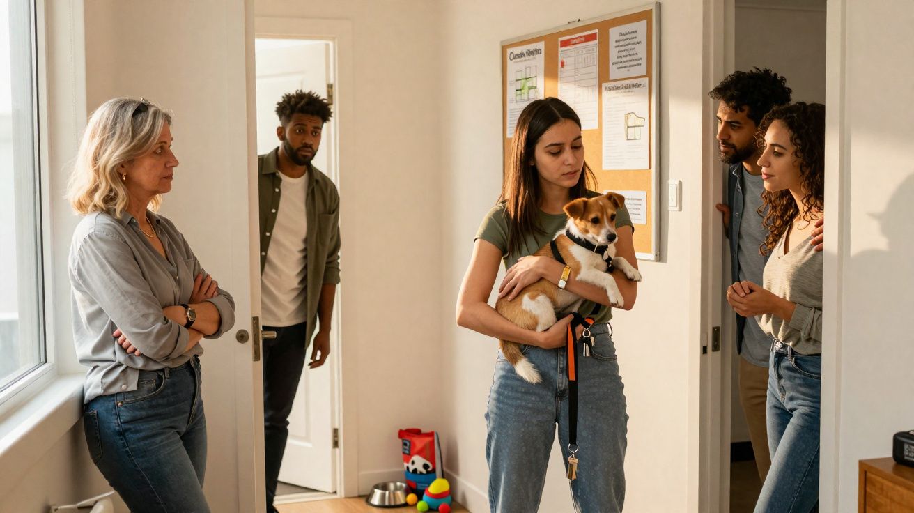 Mulher segura cão pequeno enquanto outras quatro pessoas observam em sala clara e casual.