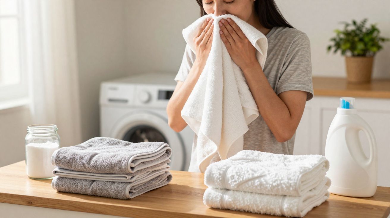 Mulher cheirando toalha branca após lavar roupa em lavanderia com máquina e produtos ao fundo.